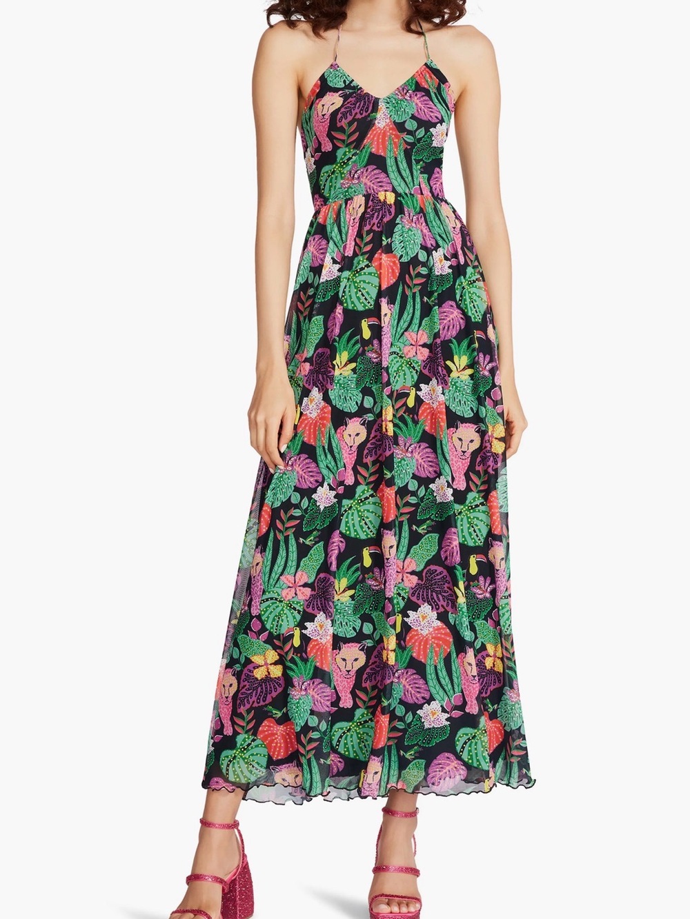 Betsey Johnson Paulina Multicolor Tropical & Animal Print Halter Maxi Dress Sz L